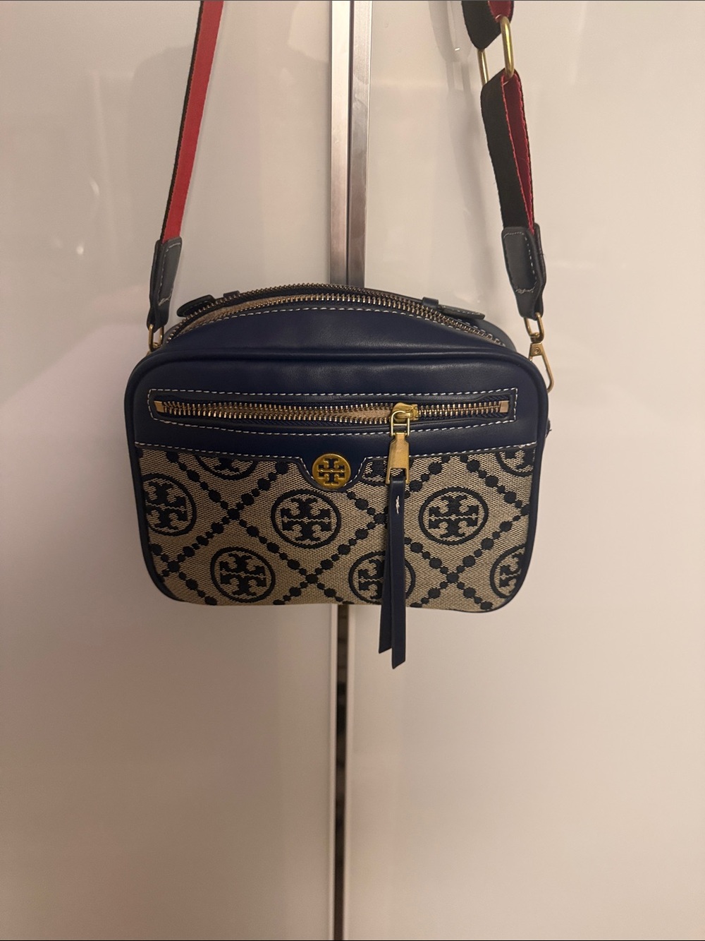 Tory Burch Navy and Beige Logo Crossbody Bag